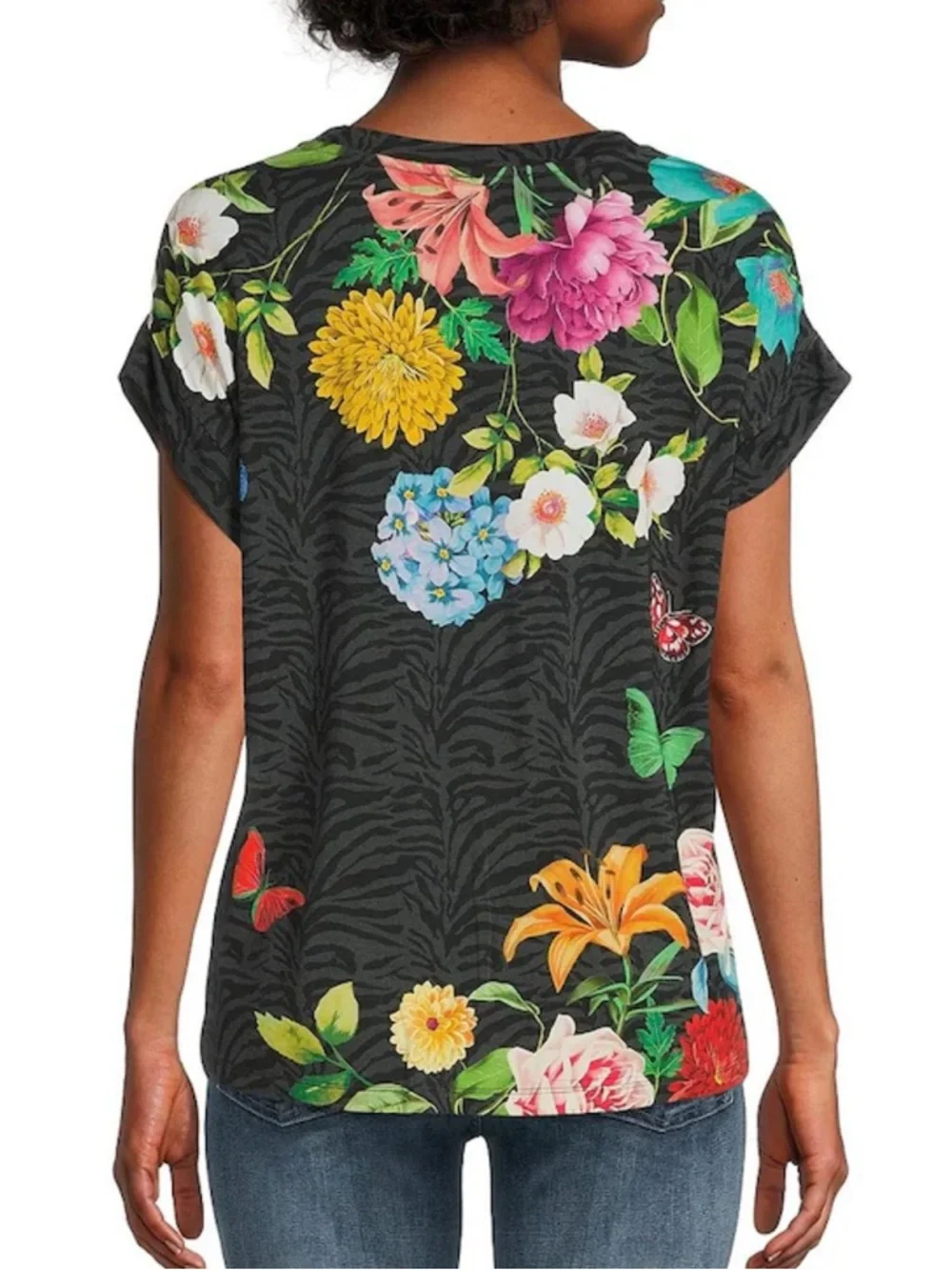 JOHNNY WAS Blooming Breeze Boho Graphic T-Shirt Zebra Floral Butterfly XS - Picture 3 of 10